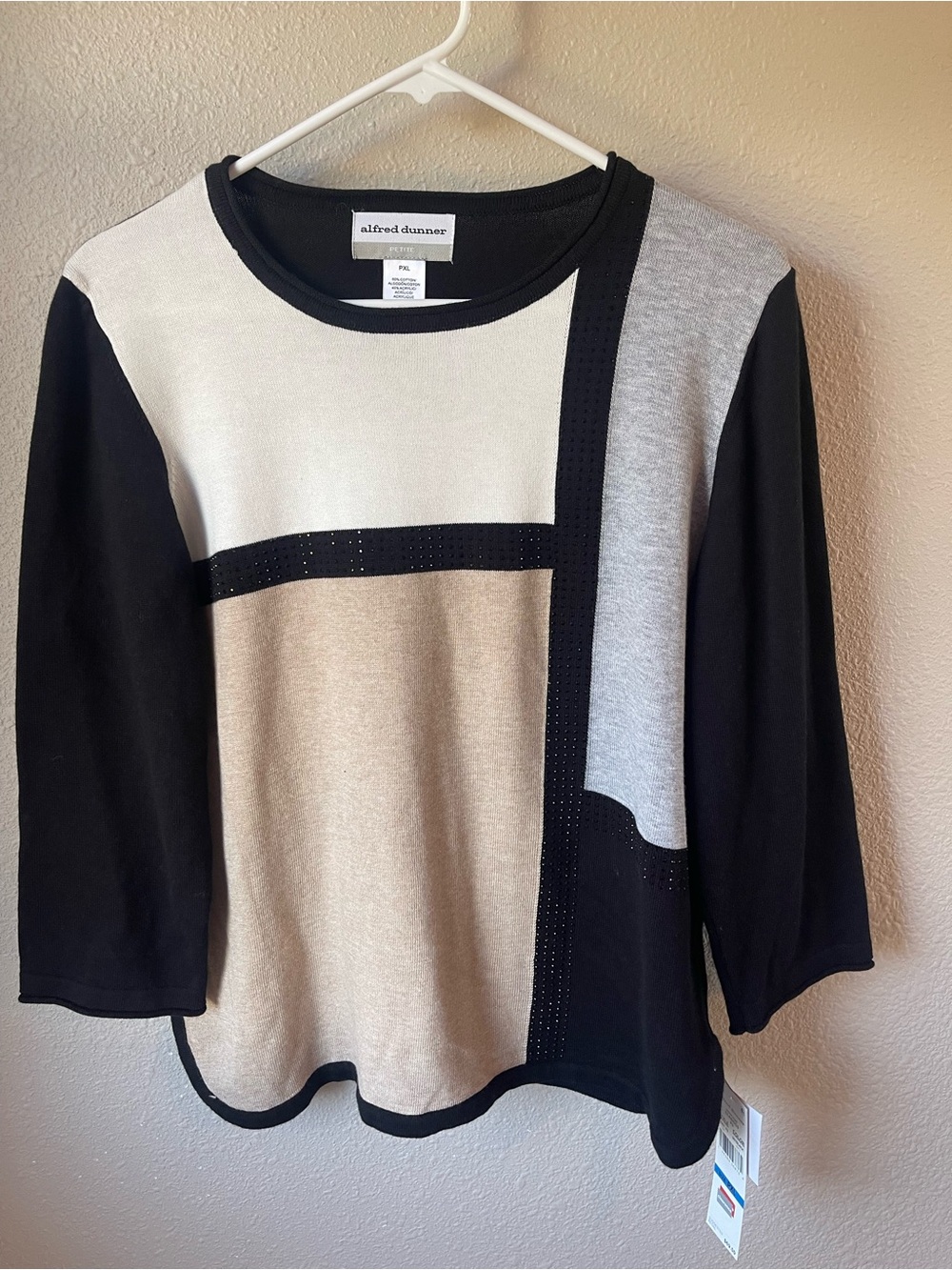 Alfred Dunner Black, Cream, Gray, Beige Colorblock Crewneck Sweater